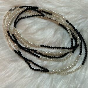 Long Faux Pearl & Black Bead Necklace